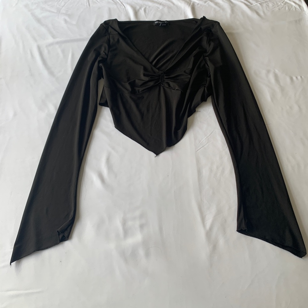XL Flared Long Sleeve V-Neck Cropped Shirt
